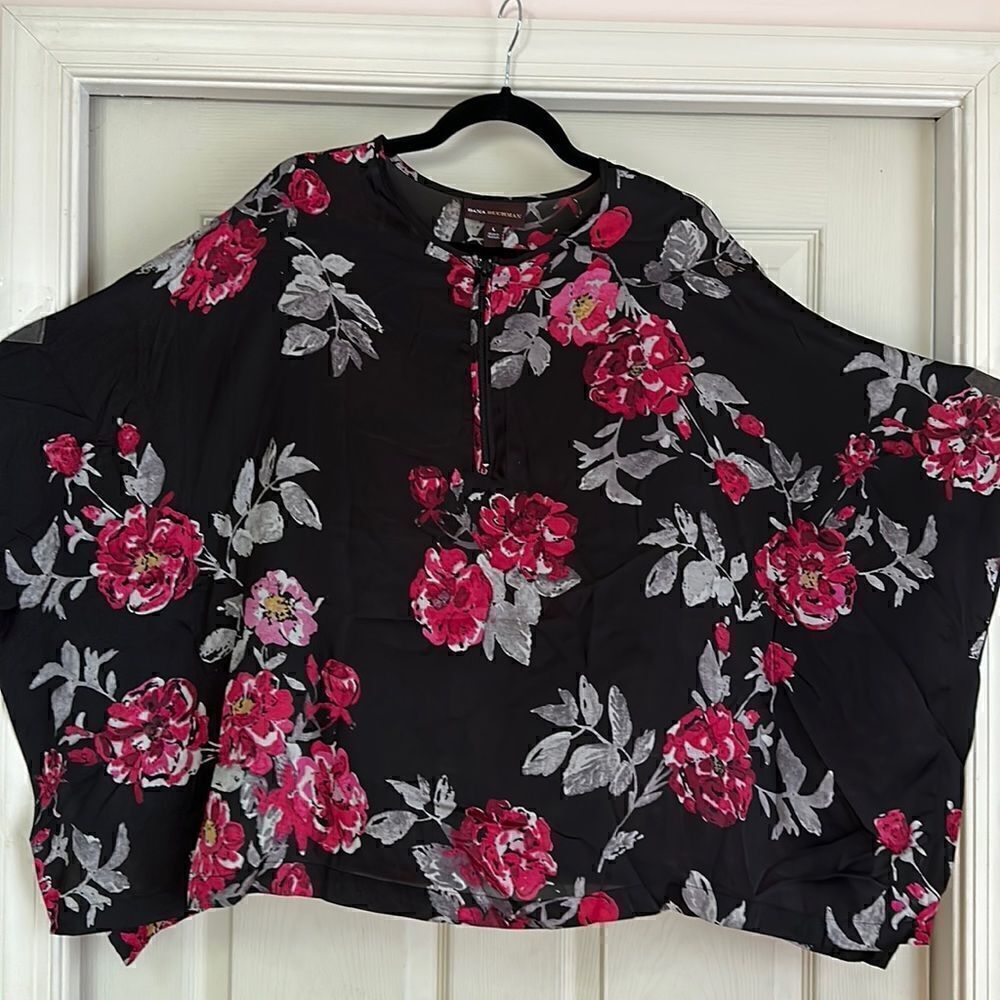 Dana Bachman Sheer Top Blouse Floral Batwing Sleeves Size L Black with Roses